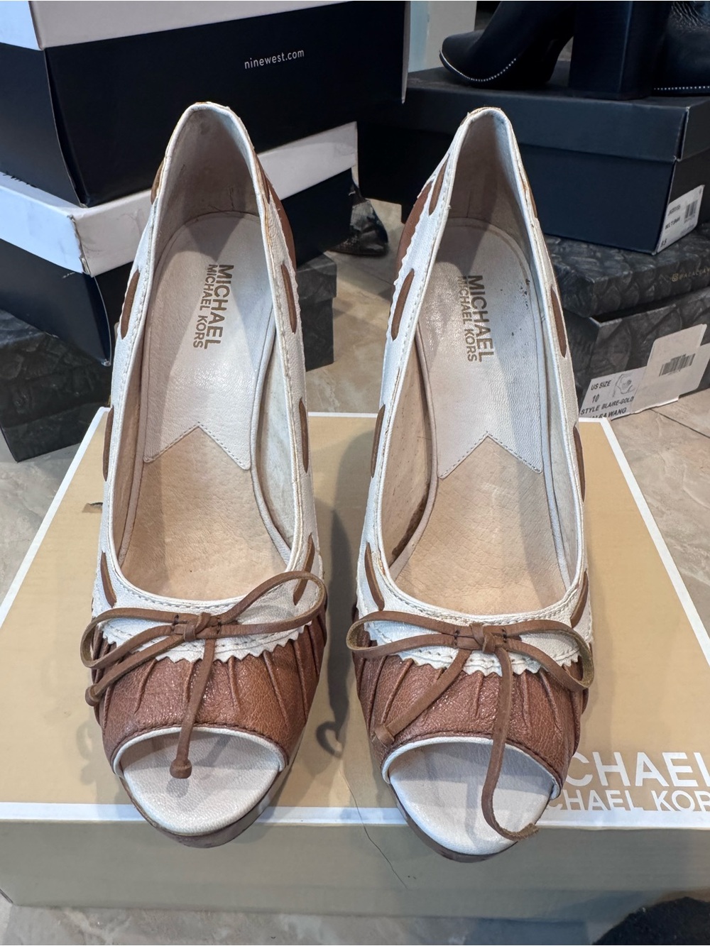 Michael Kors Brown and White Peep-Toe High Heel Pumps - Picture 3 of 4